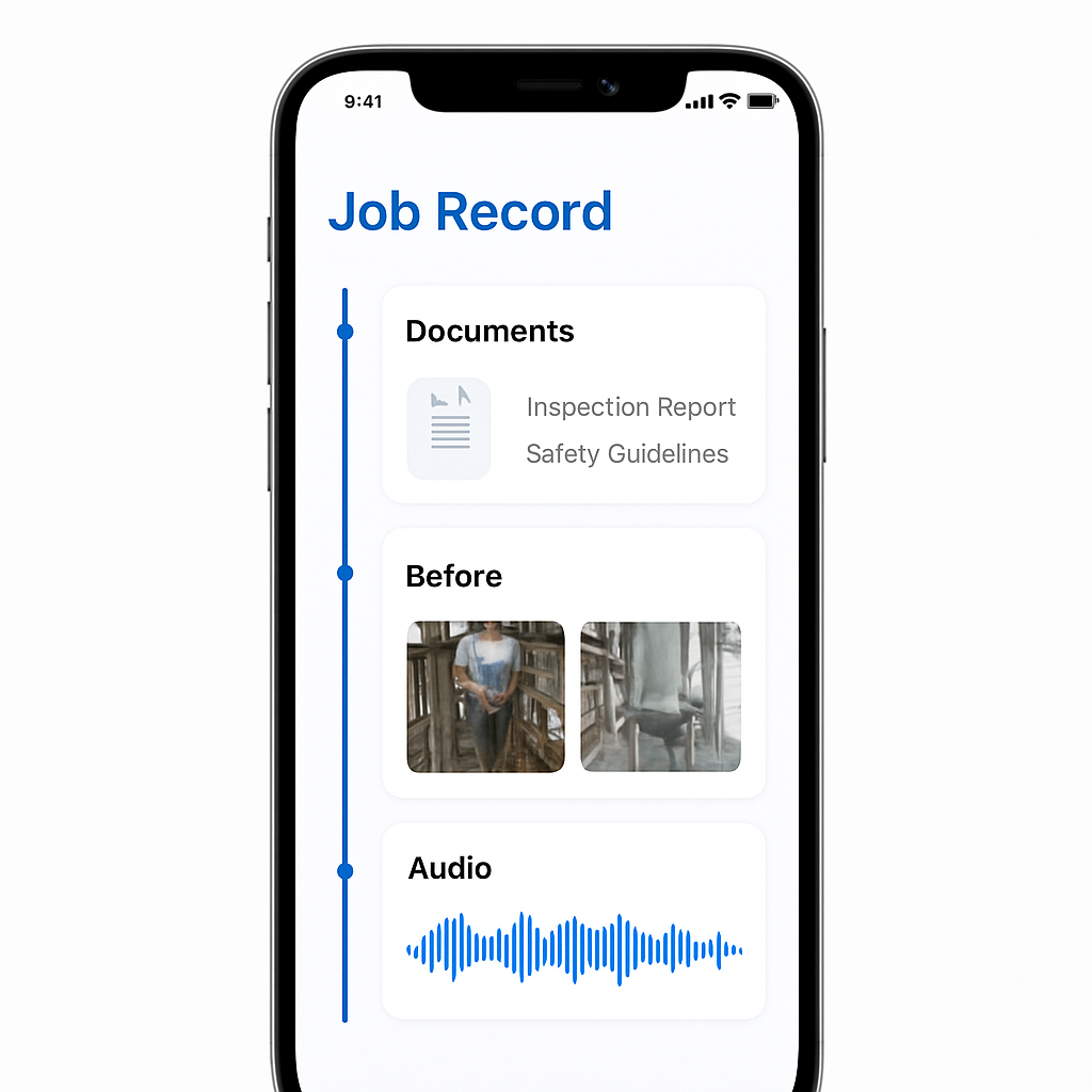 The VeriSafe Works app showing a job timeline with documents, photos and an audio note