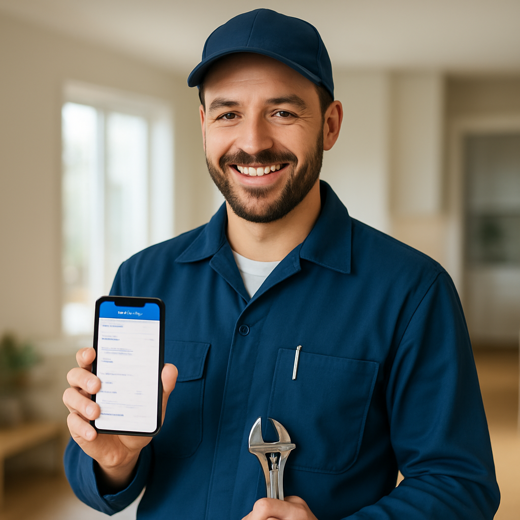 A tradesperson reviewing a job record on a smartphone in a home